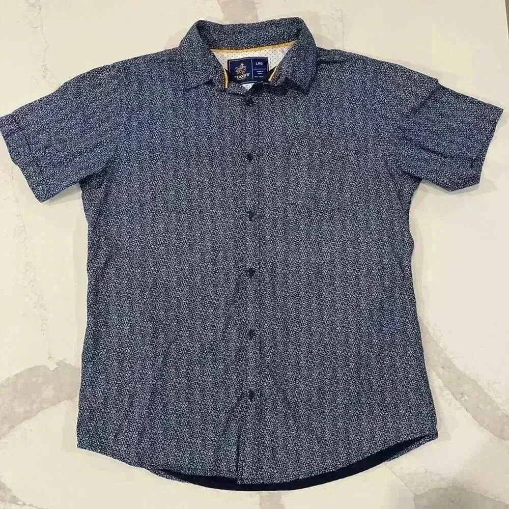 Rugby University Short Sleeve Button Down Shirt Cotton Blue/White Men's Large